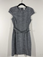 H&M Dress Womens XS Gray Glen Plaid Sheath Cap Sleeve Belted Work Office Stretch