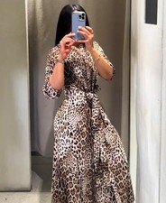 Abito lungo Zara ZW Collection stampa leopardata animalier scollo a V taglia M 8246/144 nuovo