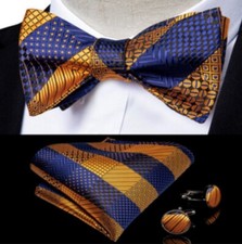 Self-Tie Bowtie, Hanky,  Cufflinks: Blue  Gold Stripe