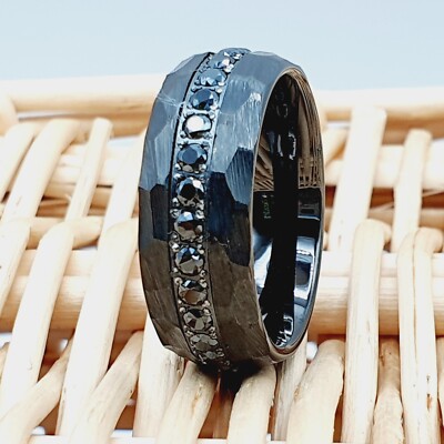 Hammered Black Tungsten Wedding Rings with CZ   Matching Bands for Men and Women