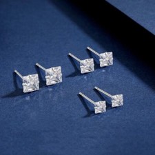 Surgical Steel Silver CZ Square Crystal Screw Back Stud Earrings For Men Women