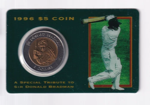 AUSTRALIAN: 1996 A SPECIAL TRIBUTE TO SIR DONALD BRADMAN $5 COIN ON CARD `