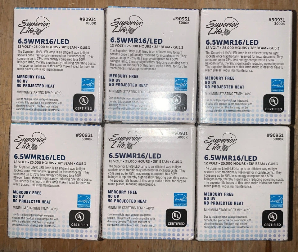 6 Pack Superior Life  LED Bulbs 6.5W =50W 12V MR16 2-Pin GU5.3  3000k NEW Sealed - Image 2 of 4