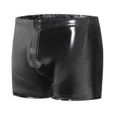 Men Faux Leather Underwear Shorts Zip Shiny Briefs Black Sexy Lingerie Clubwear