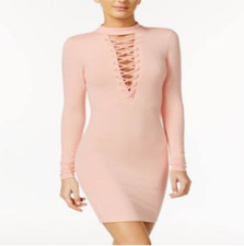 Material Girl Womens Laced Bodycon Rayon Dress in Coral Size M