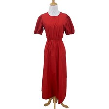 Zara Cut Out Polin Dress Womens XS Extra Small Red Midi Puff Sleeves Cinch Waist