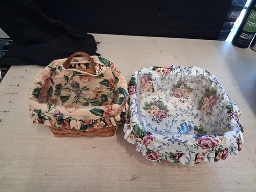 Longaberger - 2 Floral Wicker Baskets with Fabric Lining & Ruffle Trim 1996,1998