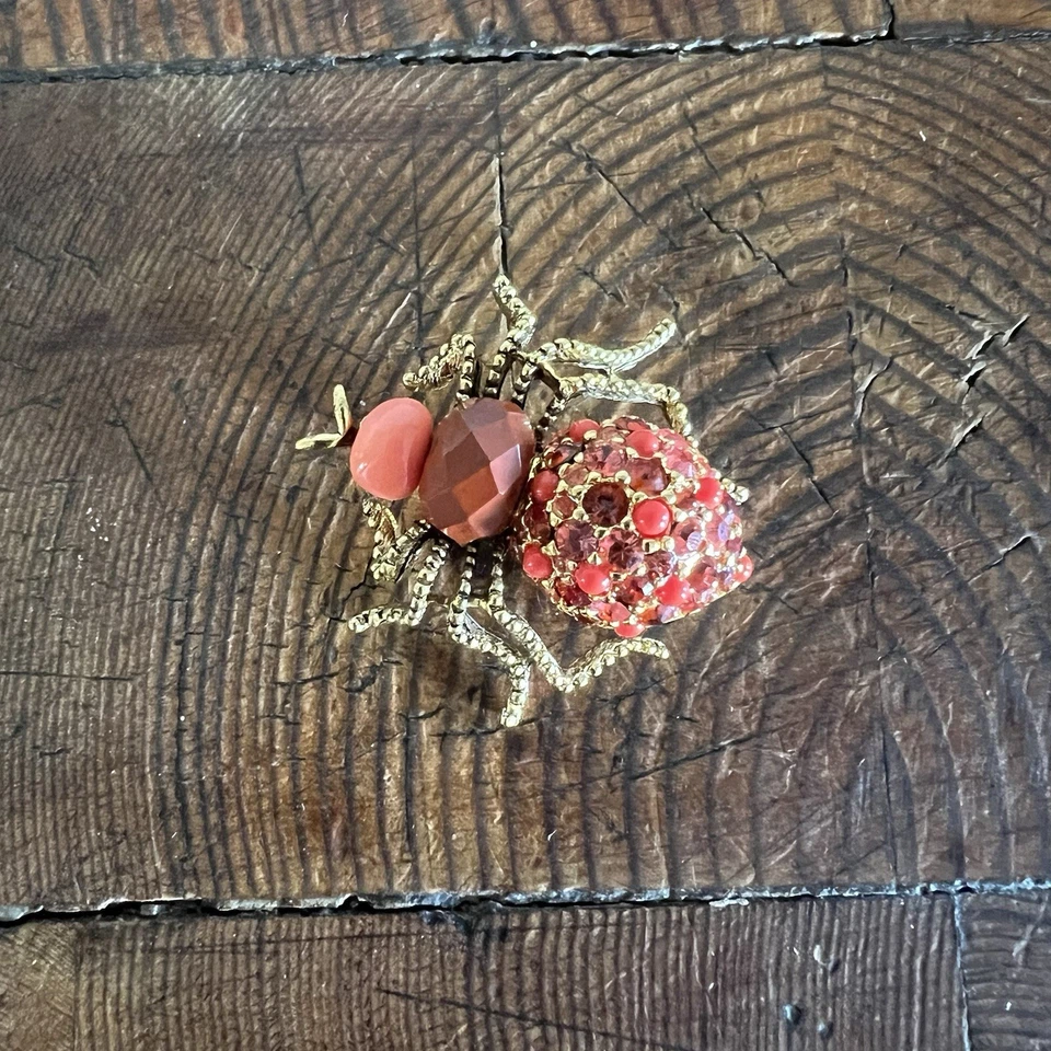 Joan Rivers Vtg. Signed 18K Gold Plated Coral Red Swarovski Spider Critter Pin - Image 2 of 4