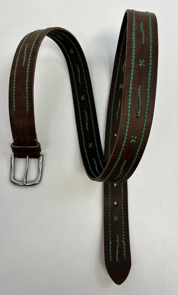 Мужской итальянский кожаный ремень Ralph Lauren коричневый с зелеными швами размер 42 - Изображение 2 из 4
