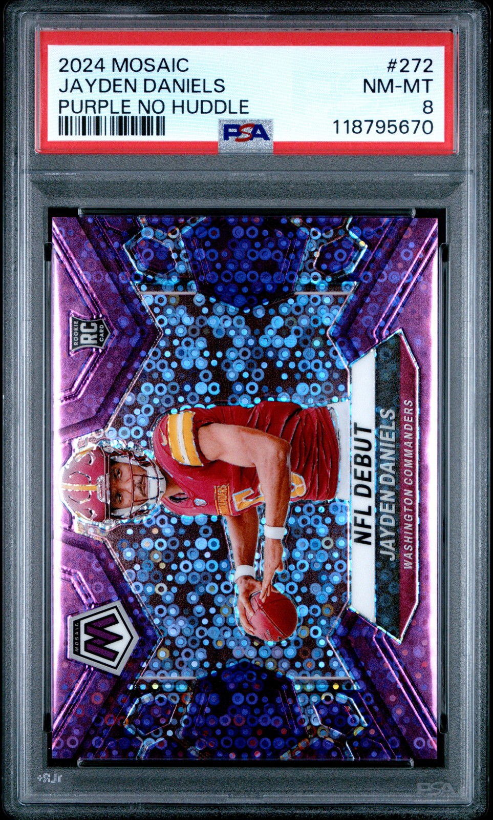 2024 PANINI MOSAIC PURPLE NO HUDDLE #272 JAYDEN DANIELS 2/50 PSA 8