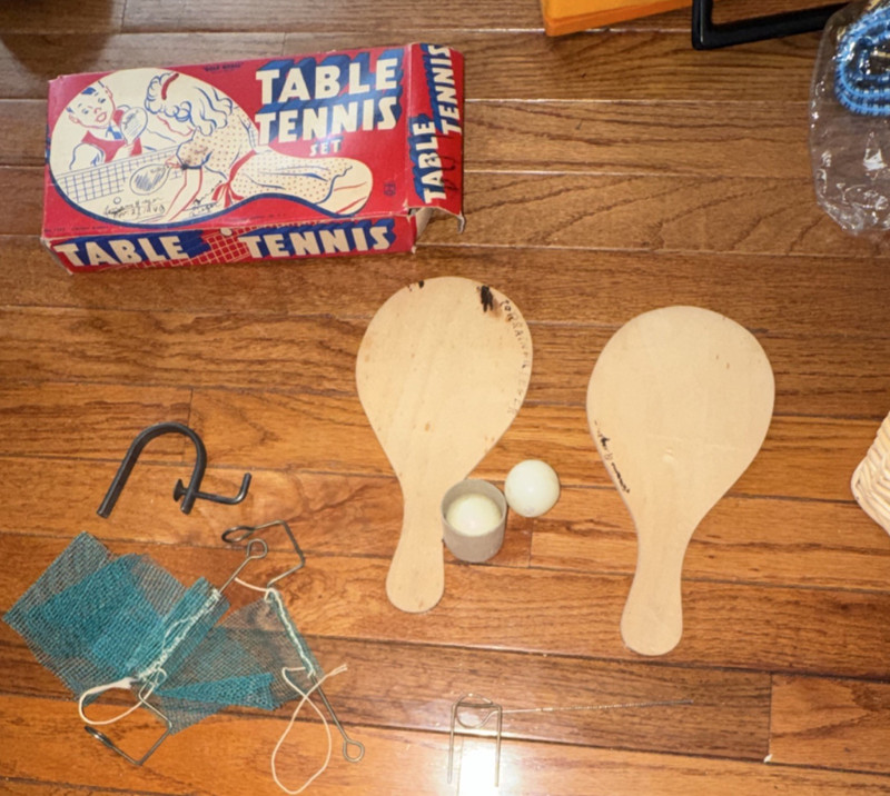 Vintage Table Tennis Set with Wooden Paddles, Balls, Net & Accessories