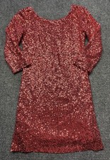 Alythea Dress Womens Medium Red Sequin 3/4 Sleeve Scoop Back Sheath Mini Party