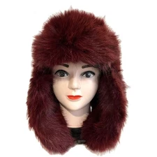 Women Winter Warm Fluffy Faux Fur Hat Earflap Russian Furry Trapper Hat-Burgundy