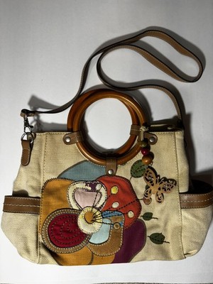 Relic Satchel Bag Womens Medium Beige Floral Canvas Wood Handle Butterfly Boho