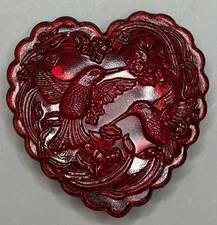 Mosser Glass RED Heart Shaped Glass Trinket Box - Hummingbird designed lid  4"