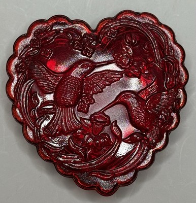 Mosser Glass RED Heart Shaped Glass Trinket Box - Hummingbird designed lid  4''