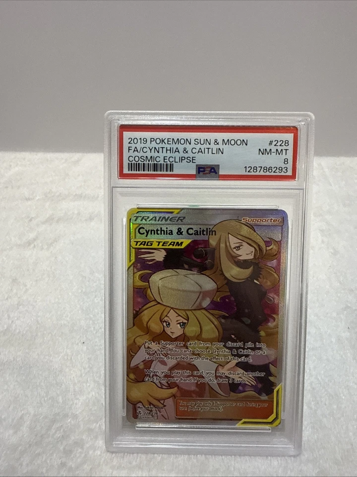 2019 Pokemon Sun & Moon Cosmic Eclipse #228 FA Cynthia & Caitlin PSA 8 NM-MT - Image 3 of 4