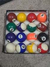 Vintage Set of Miniature Mini Billiard Balls Pool 1.75” Boxed  1-15 plus Cue