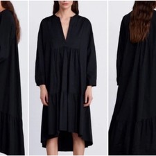 Zara Puff Dress Black Tiered Poplin Cotton Midi Women's Size S V Neck Oversized