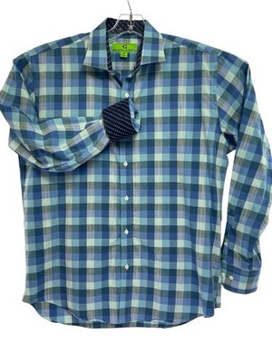 Bristol and Bull Mens Sz Medium Blue Plaid Flip Cuff Dress Shirt (D10) NW/OTs