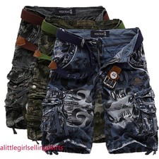 Mens Crosshatch Cargo Shorts Camo Combat Army Long Military Knee Length Pants