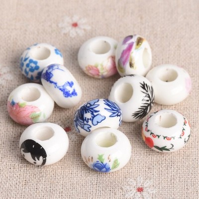 20pcs 15mm x 9mm Rondelle Shape Flower Painting Loose Ceramic Big Hole Beads Lot
