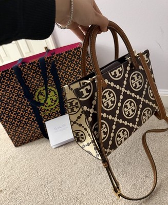 NWT Tory Burch T-Monogram Contrast Embossed Square Tote Marron/New Cream Rare  