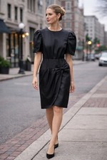 Vtg 80s Albert Nipon Black Silk Dress Petite 10 Puff Sleeve Bow Cocktails Retro