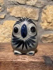 Vintage Tonala Mexican Pottery Owl Figurine 4 3/4” Blue Nose Floral Curved