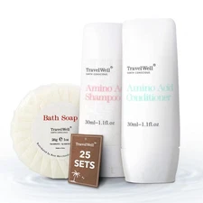 25 Set Travel Size Bulk Hotel Toiletries Shampoo + Conditioner + Soap Bars, 1oz