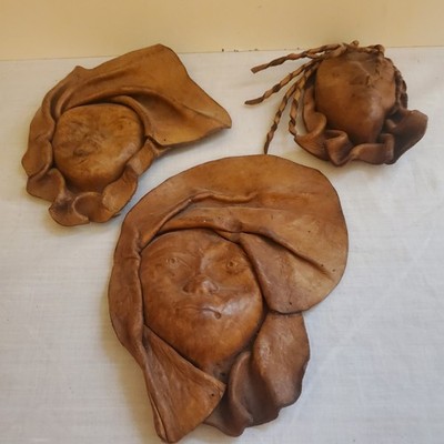 Sculpture Leather 3-D face Mask Wall Art set of 3 Woman Vintage Quality 