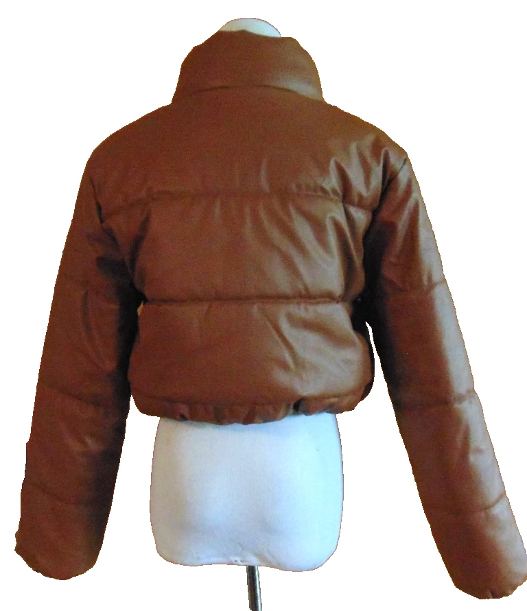 AMBIANCE WOMENS CROPPED FAUX LEATHER PUFFER JACKET BROWN COAT~M/L - Image 3 of 4