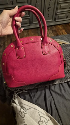 #ad #ad MCM Red Pebbled Satchel Gold Hardware Studs Designer Top Handle Bag $150.00