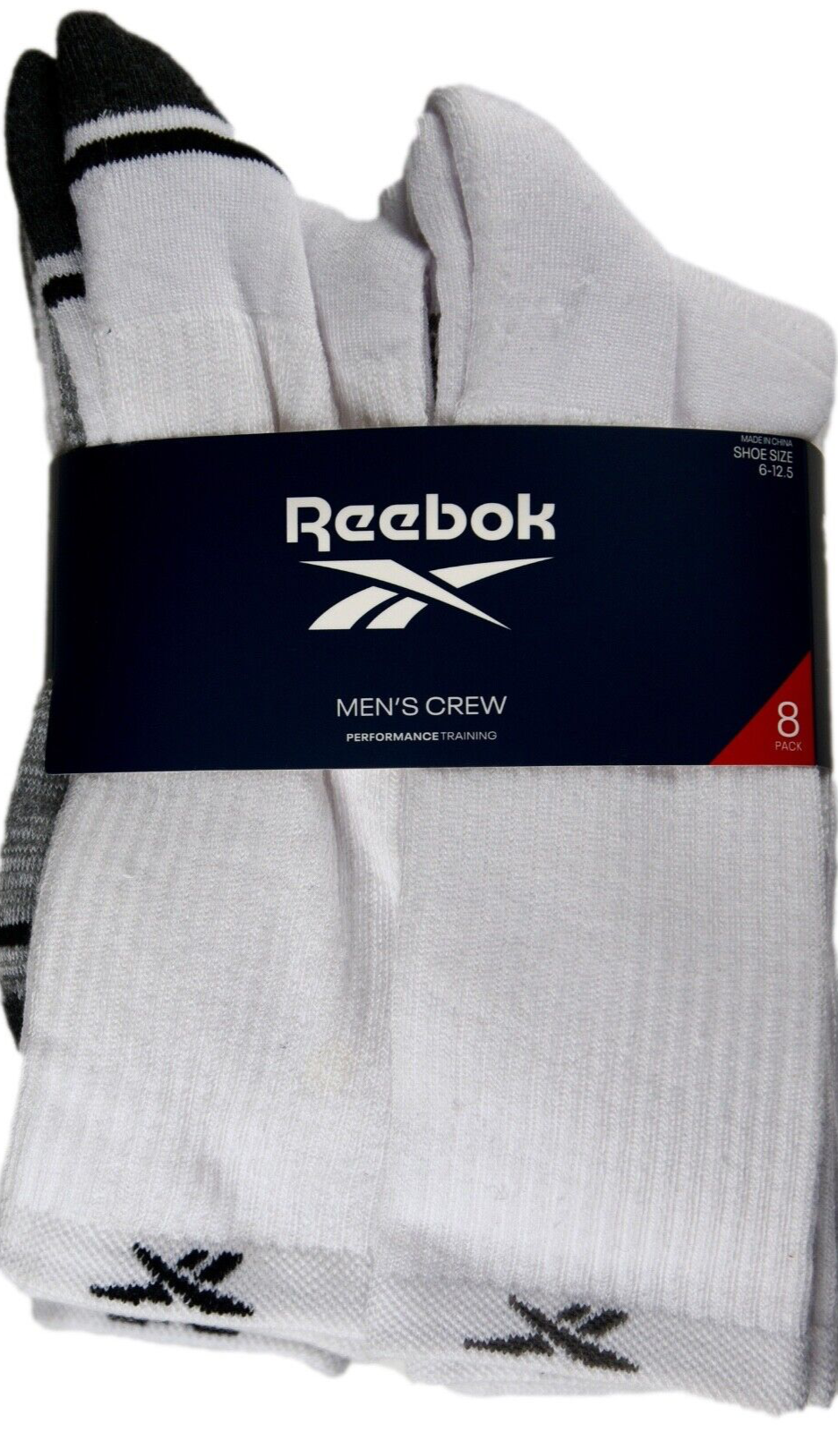Reebok Men's Performance Crew Socks, 6-12.5 Shoe, White & Gray, 8 Pairs