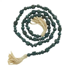 Green Handmade Mango Wood Hexagon Carved Geometric Long Beaded Garland with Tass