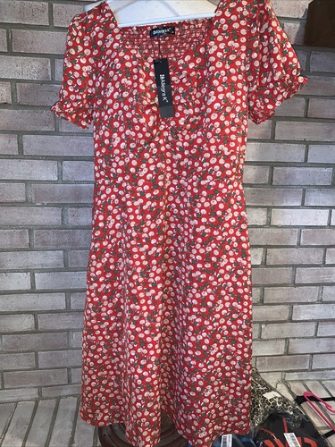 Allegra K Women's Floral Short Sleeve Dress Red