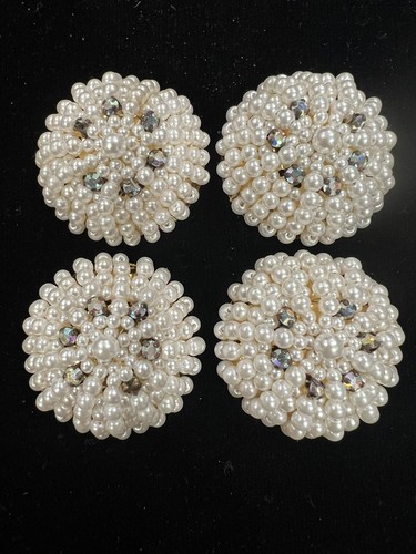 Vtg Hand Beaded Pearl Cluster Buttons w/Aurora Borealis Stones, Gold Metal Shank