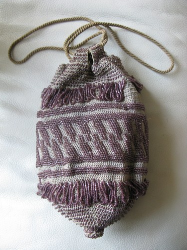 Antique Tan Crochet Lavender Purple Bead Tier Fringe Drawstring Flapper Purse - Picture 12 of 15