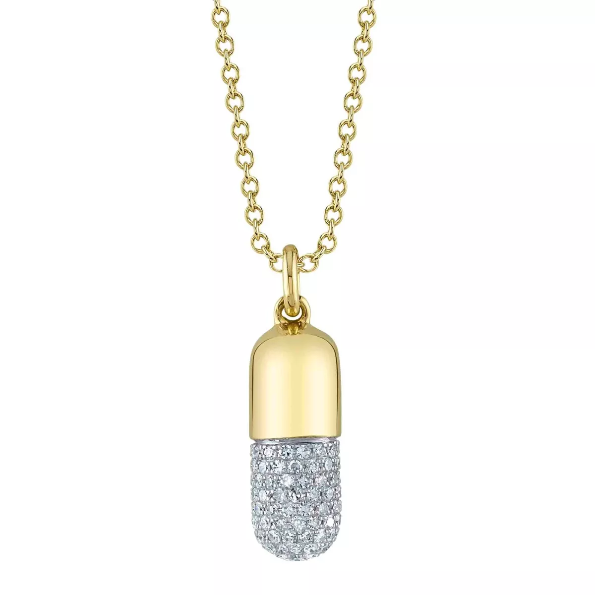 14K Yellow Gold Diamond Pill Pendant Necklace Natural Round Cut 0.32 CT