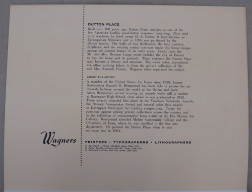 ☆ 1960's "DUTTON PLACE" Wagners Midwestern Landmarks Lithograph SERIES No. 32 - Picture 4 of 6