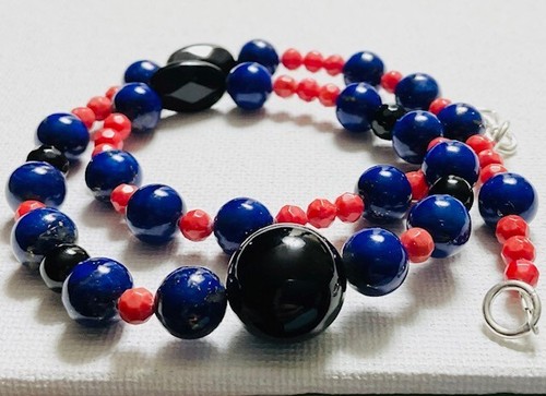 Handcrafted Lapis, Red Coral & Onyx Sterling Silver Choker Necklace - Picture 6 of 6