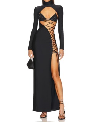 DUNDAS Women's Coco Royal Lace-Up Evening Gown Maxi Dress Black Size 46 / US 10