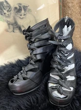 Rick Owens SS 2011 Black Bow Knotted Ties Leather Peep-Toe Cage Wedge