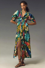 Farm Rio X Anthropologie Printed Maxi Shirt Dress size S Nwt Green Monstera Leaf