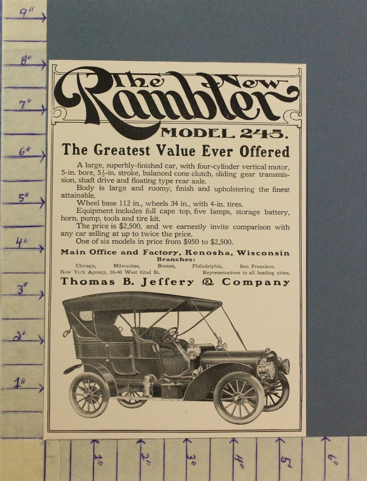 1907 RAMBLER MODEL 245 CAR AUTO KENOSHA WISCONSIN HISTORIC AD A-1219 | eBay