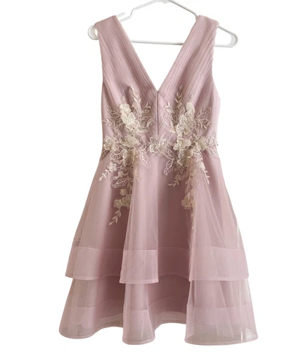 Bcbg Max Azria Pink Tulle Party Floral Appliqué Embroidered Tiered Dress Size 0