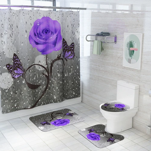 4Pcs/Set Butterfly Rose Waterproof Shower Curtain Toilet Lid Cover Bathroom Mat - Bild 2 von 36