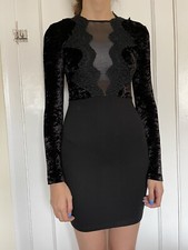 French Connection Women’s Bodycon Dress Velour & Lace Black Long sleeved U.K. 8