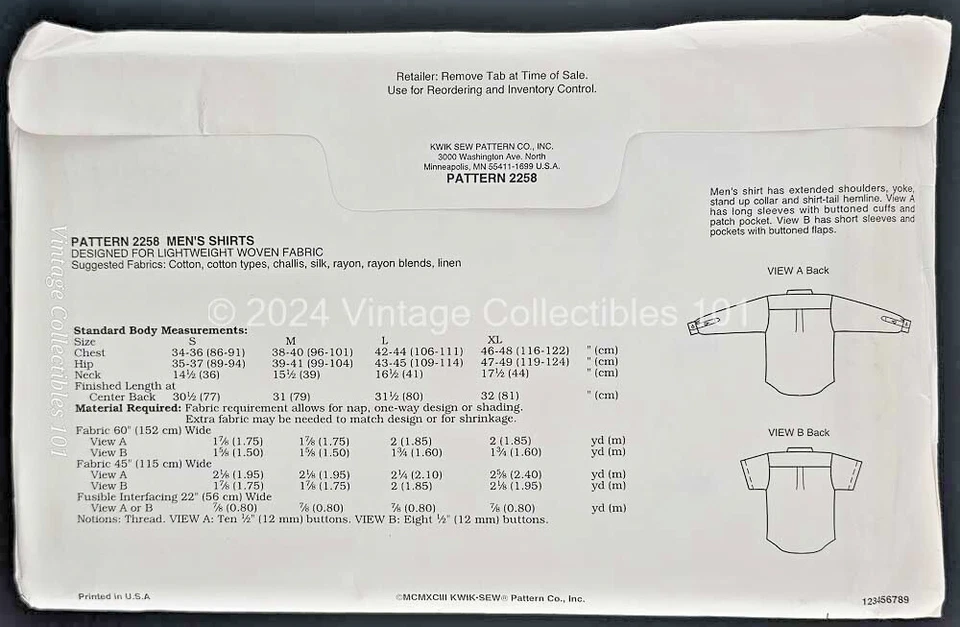 Kwik Sew Pattern 2258 Men's Button Down Long Sleeve Shirt Size S M L XL Uncut FF - Image 3 of 4