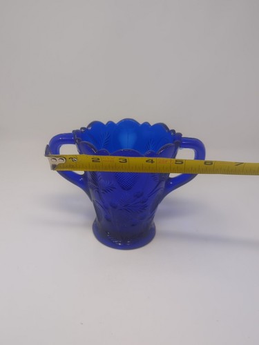Mosser Cobalt Blue Double Handle 5" Glass Vase W/ Inverted Strawberry Design  - Picture 13 of 13